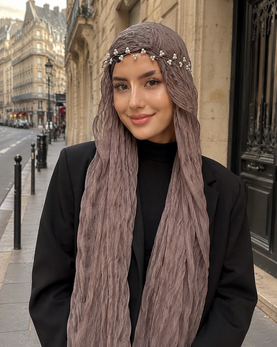 RY314 Nude Pink Crinkled Tulle Hijab Scarf – Glossy Stretch Breathable Headscarf