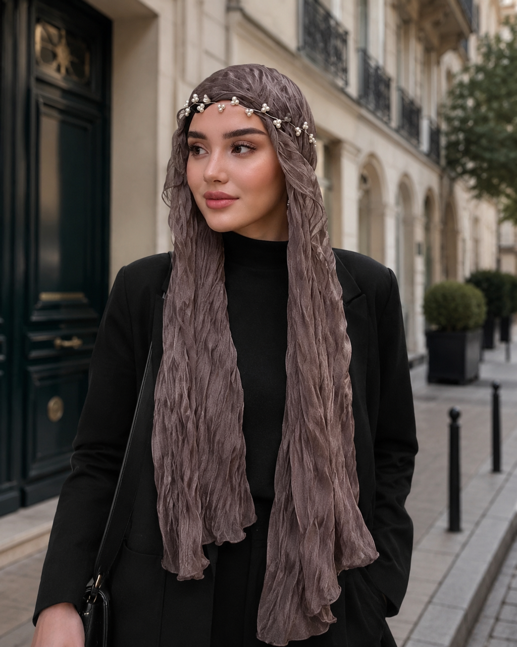 RY314 Nude Pink Crinkled Tulle Hijab Scarf – Glossy Stretch Breathable Headscarf
