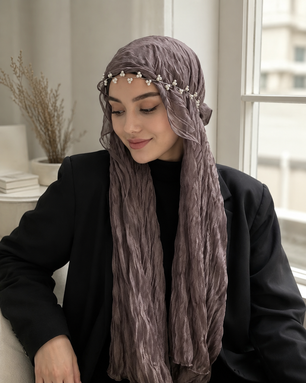 RY314 Nude Pink Crinkled Tulle Hijab Scarf – Glossy Stretch Breathable Headscarf