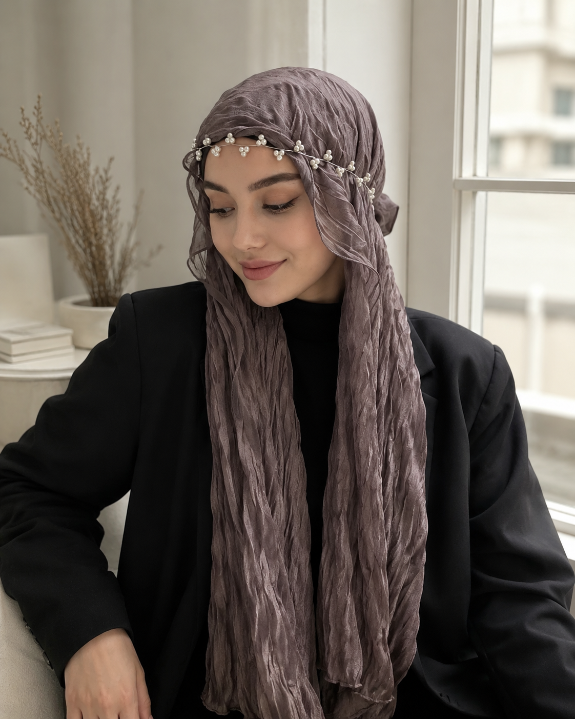 RY314 Nude Pink Crinkled Tulle Hijab Scarf – Glossy Stretch Breathable Headscarf