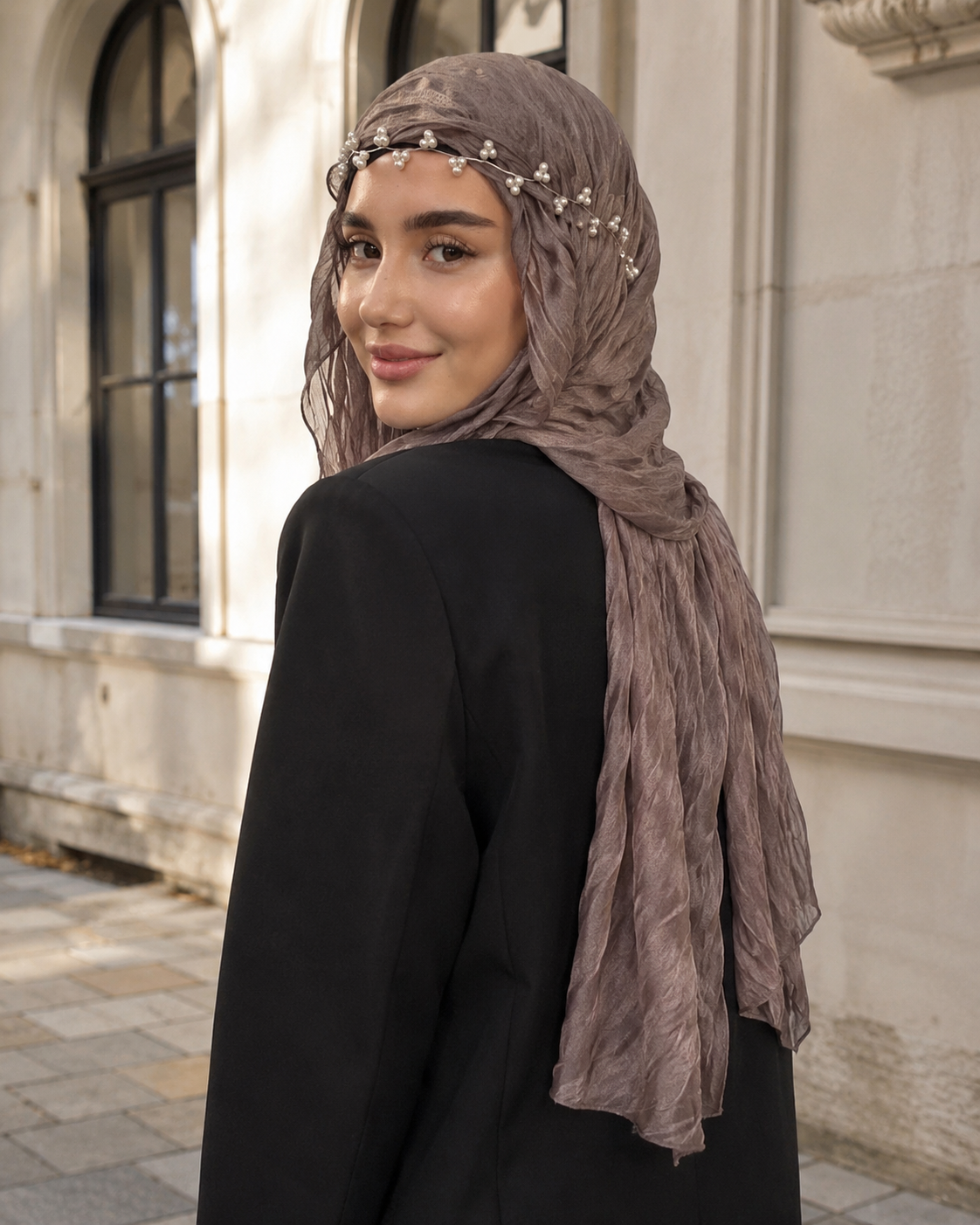 RY314 Nude Pink Crinkled Tulle Hijab Scarf – Glossy Stretch Breathable Headscarf