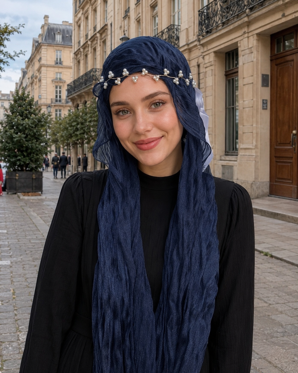 RY315 Navy Blue Crinkled Tulle Hijab Scarf – Glossy Stretch Breathable Headscarf