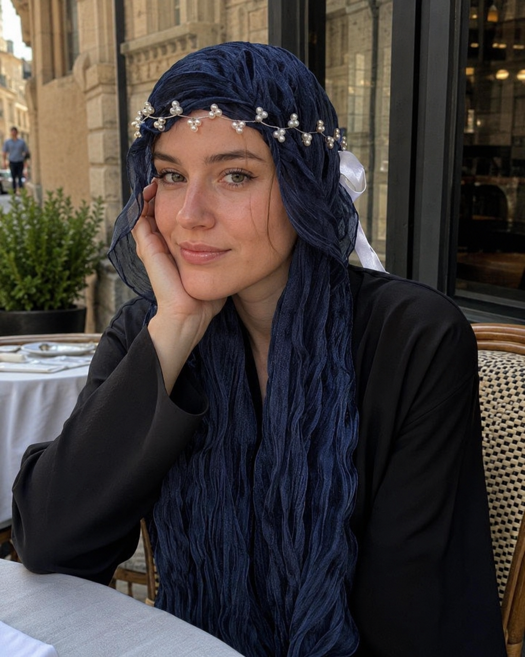 RY315 Navy Blue Crinkled Tulle Hijab Scarf – Glossy Stretch Breathable Headscarf
