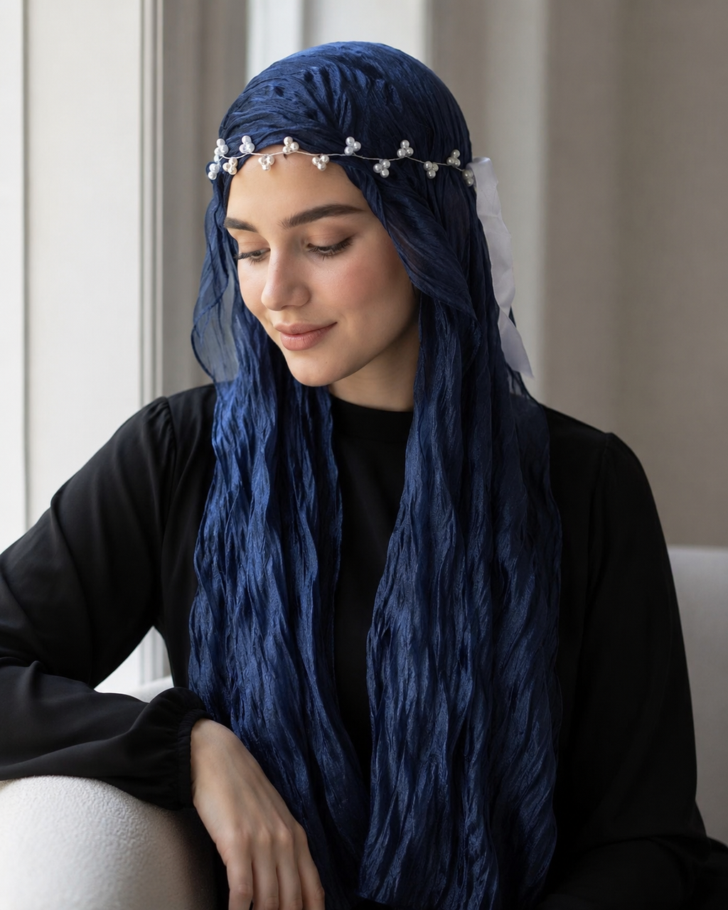 RY315 Navy Blue Crinkled Tulle Hijab Scarf – Glossy Stretch Breathable Headscarf