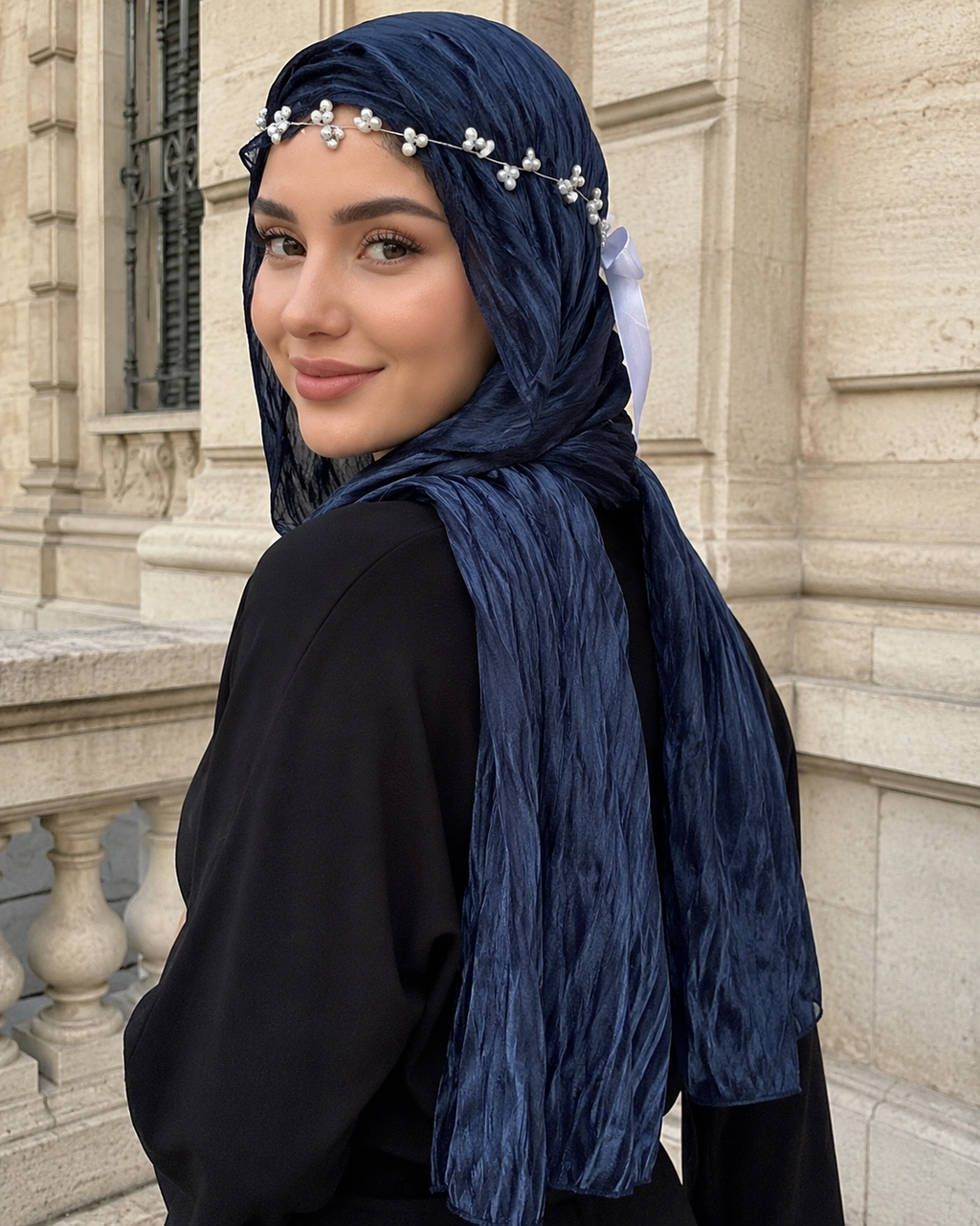 RY315 Navy Blue Crinkled Tulle Hijab Scarf – Glossy Stretch Breathable Headscarf