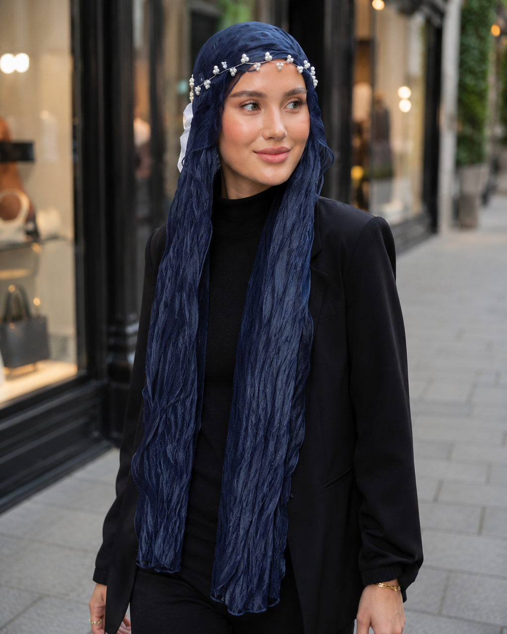 RY315 Navy Blue Crinkled Tulle Hijab Scarf – Glossy Stretch Breathable Headscarf