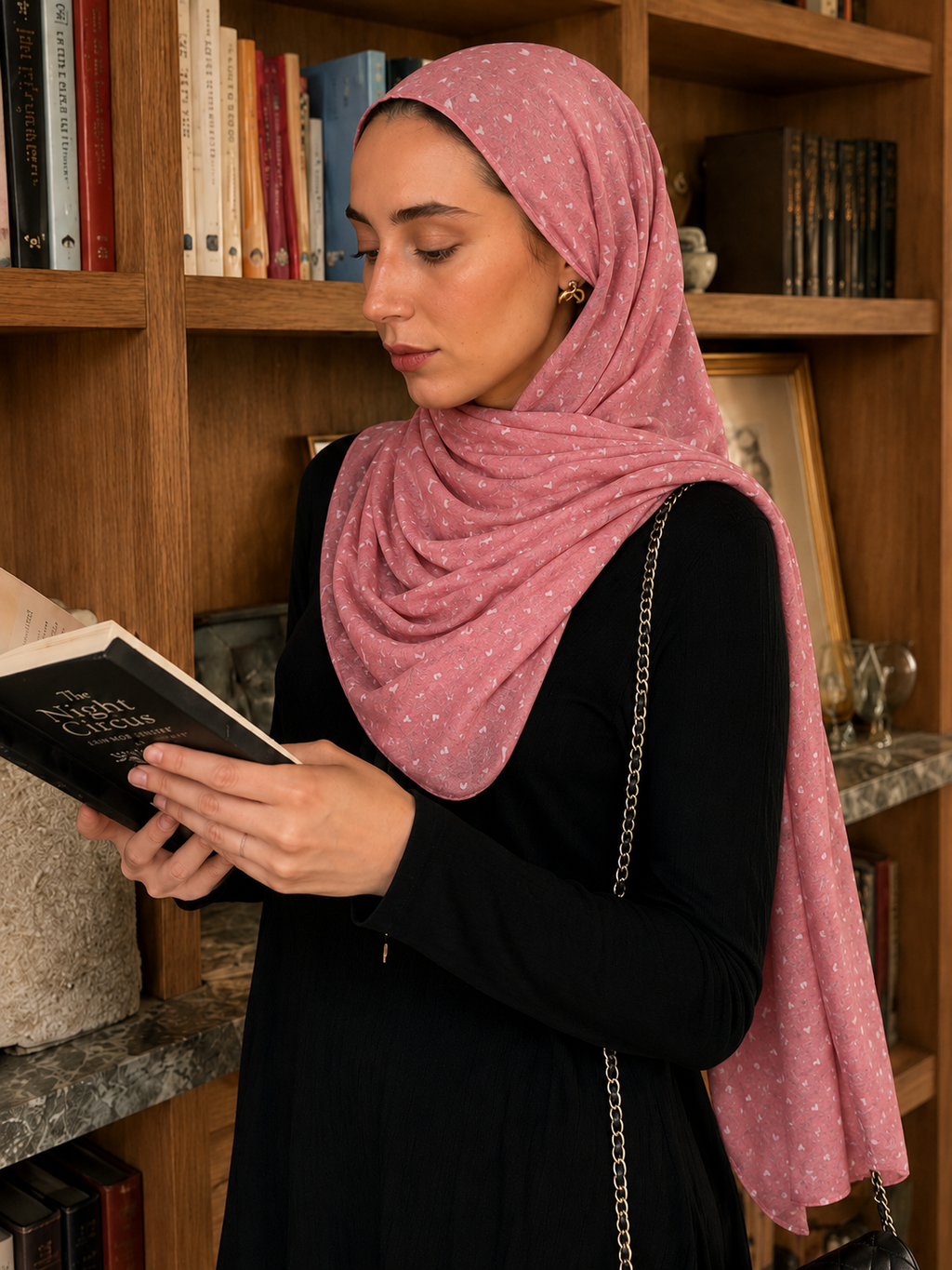 RY411 Coral Pink Heart Print Mercerized Cotton Jersey Hijab – Soft Stretch Scarf