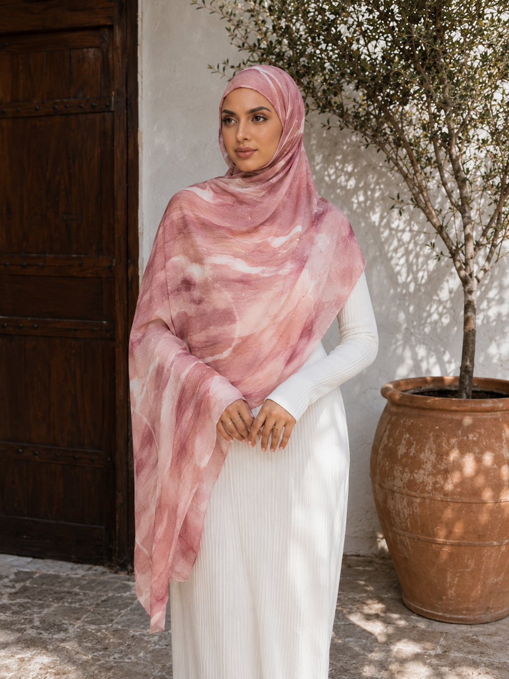 RY415 Blush Rose Marble Mercerized Cotton Jersey Hijab – Soft Stretch Scarf