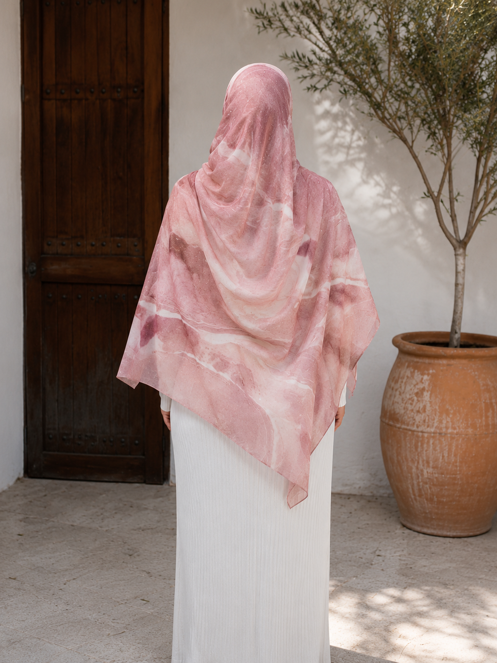 RY415 Blush Rose Marble Mercerized Cotton Jersey Hijab – Soft Stretch Scarf