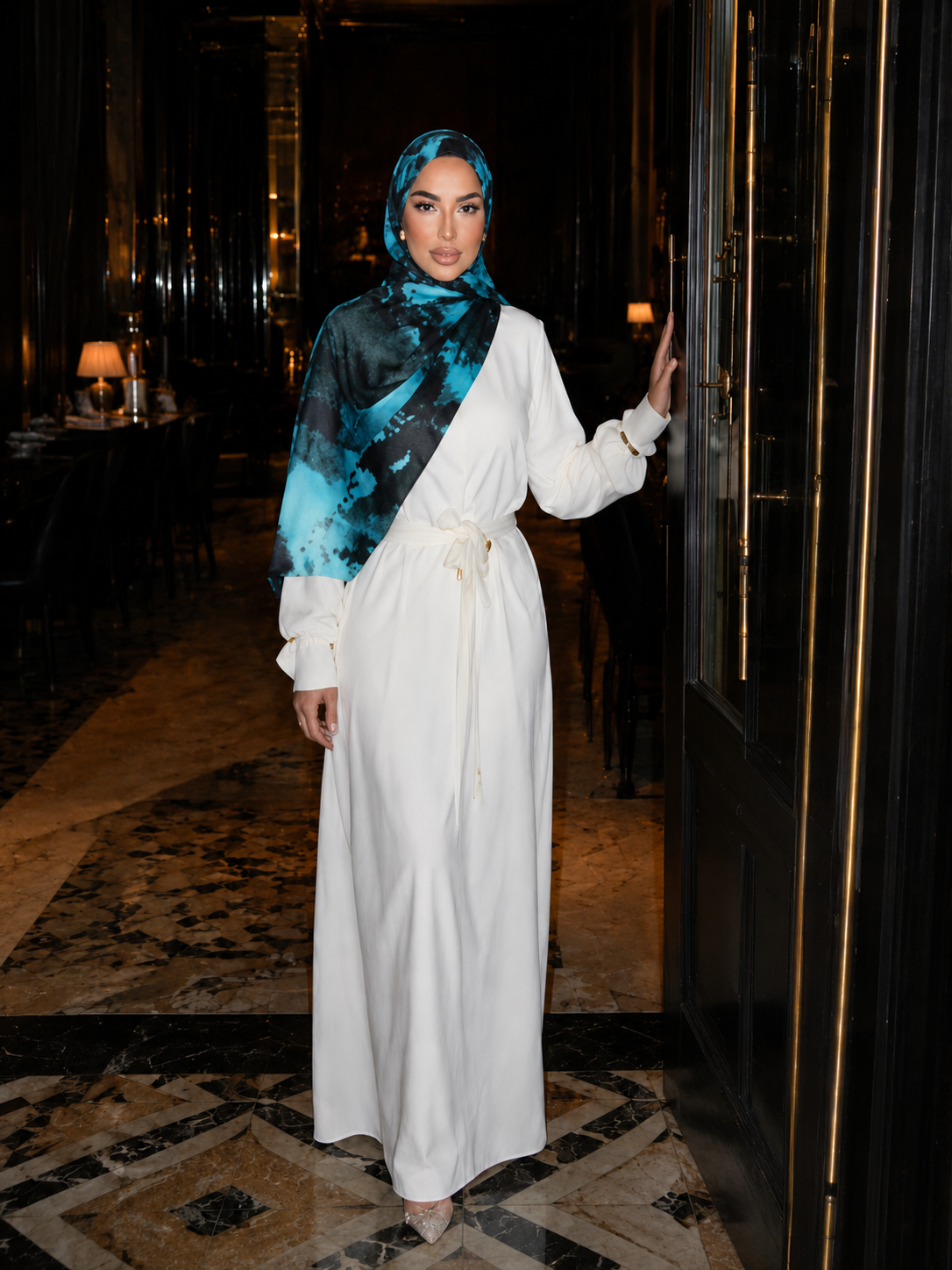 RY416 Turquoise Black Marble Mercerized Cotton Jersey Hijab – Soft Stretch Scarf