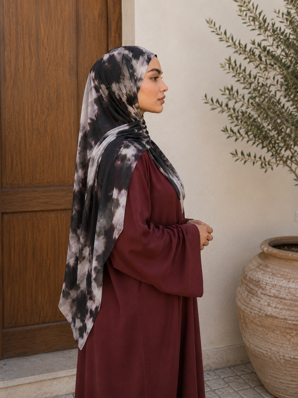 RY417 Black Marble Mercerized Cotton Jersey Hijab – Soft Stretch Scarf