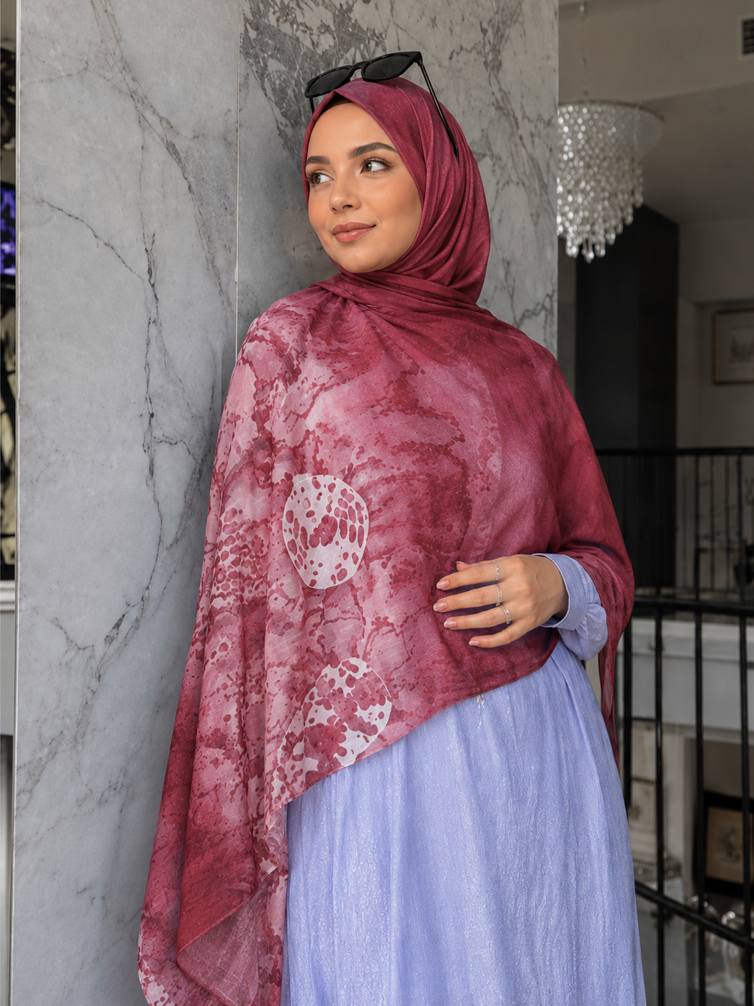 RY419 Burgundy Marble Mercerized Cotton Jersey Hijab – Soft Stretch Scarf