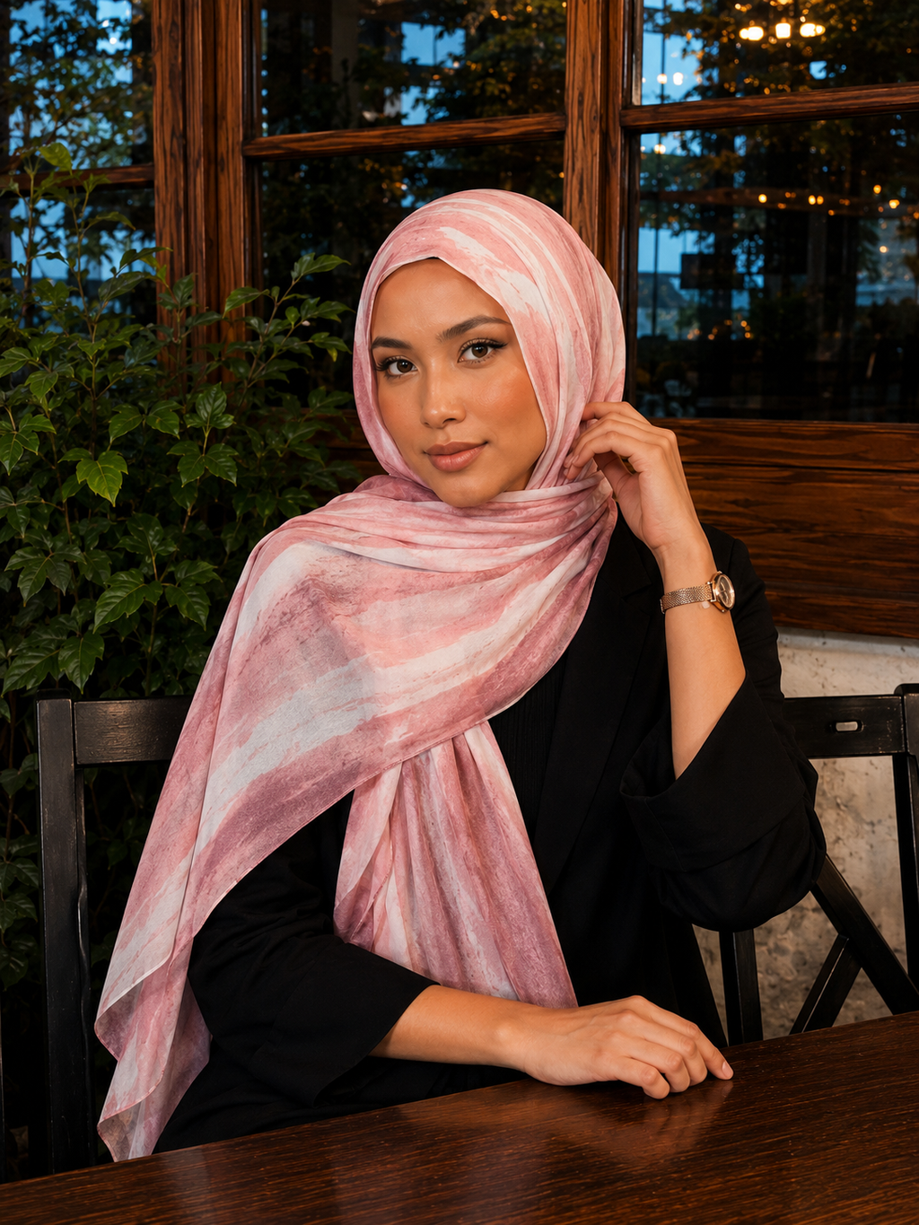 RY420 Peach Pink Marble Mercerized Cotton Jersey Hijab – Soft Stretch Scarf