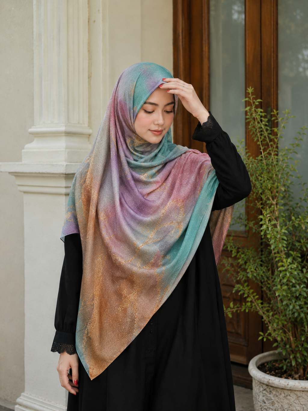 RY421 Aqua Rose Marble Mercerized Cotton Jersey Hijab – Soft Stretch Scarf