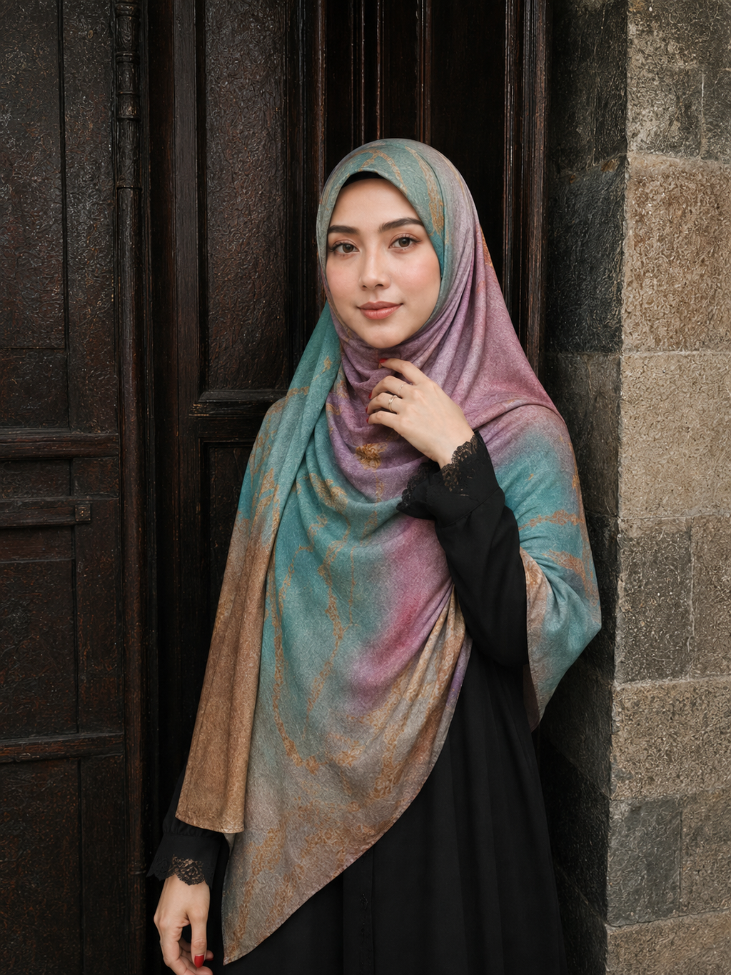 RY421 Aqua Rose Marble Mercerized Cotton Jersey Hijab – Soft Stretch Scarf