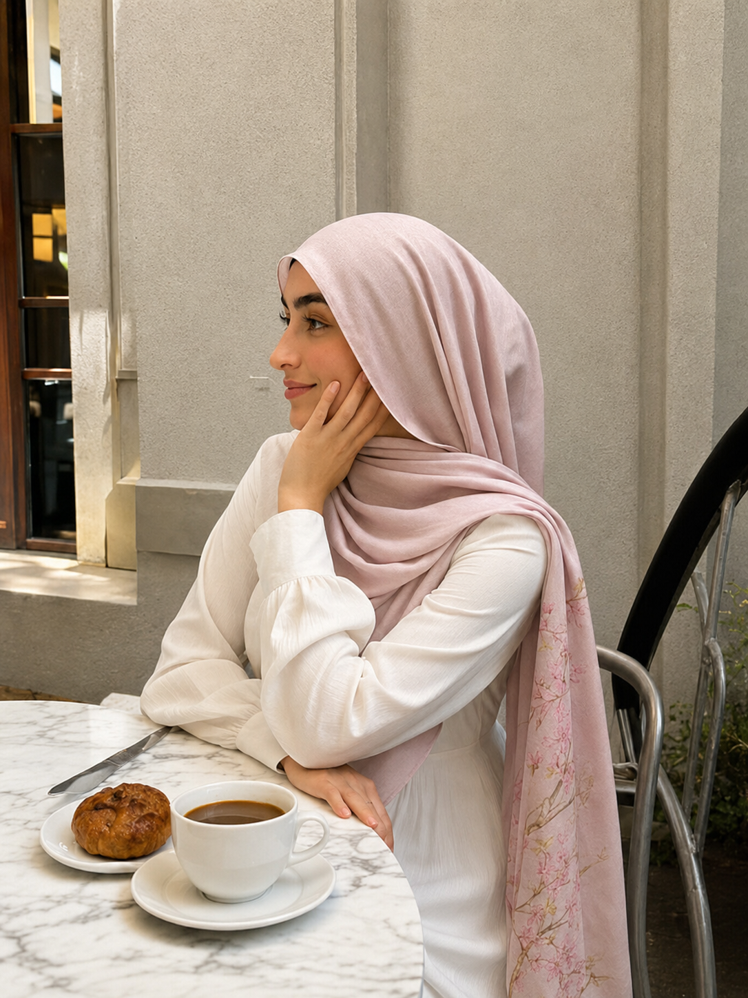 RY423 Blush Pink Floral Mercerized Cotton Jersey Hijab – Soft Stretch Scarf
