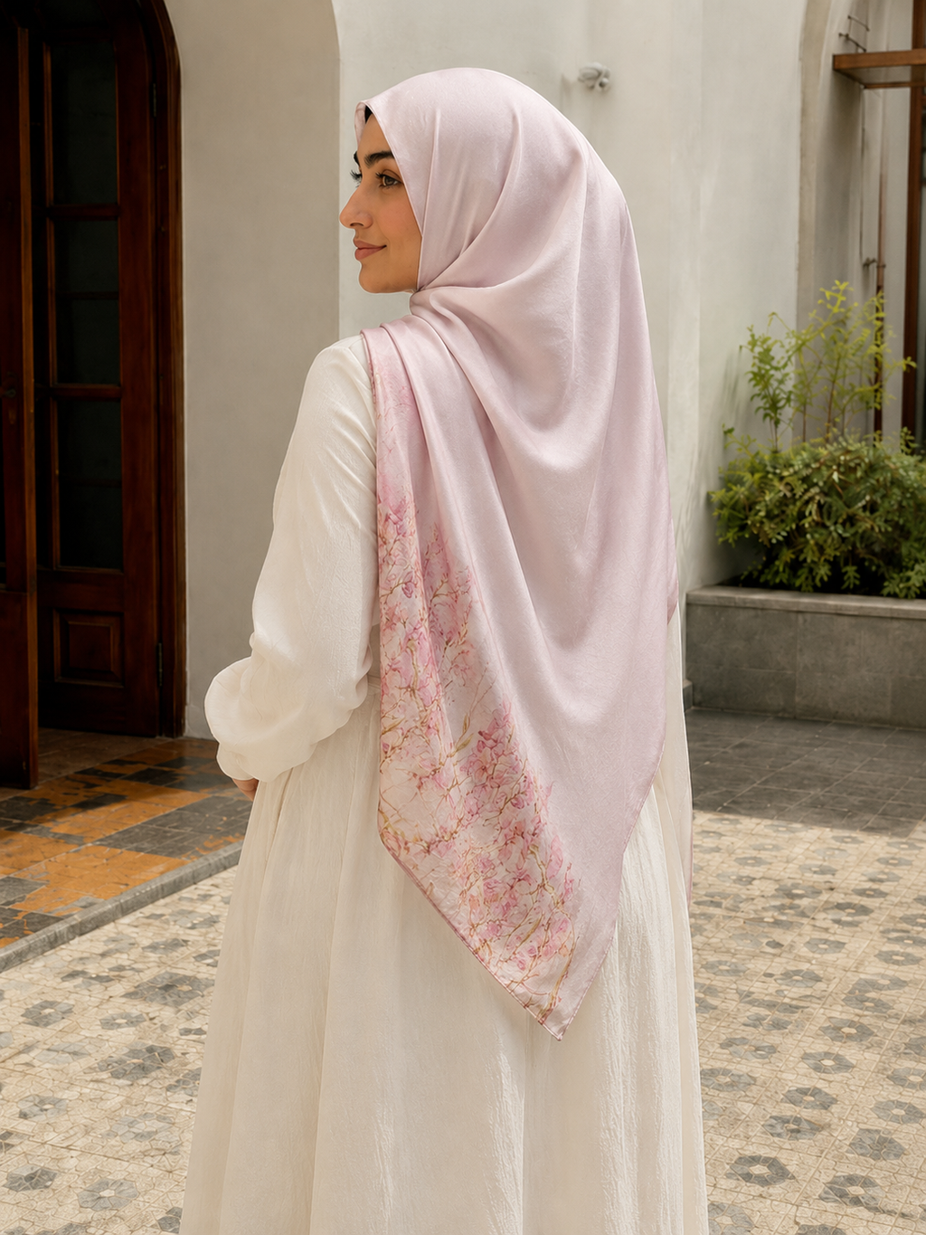 RY423 Blush Pink Floral Mercerized Cotton Jersey Hijab – Soft Stretch Scarf