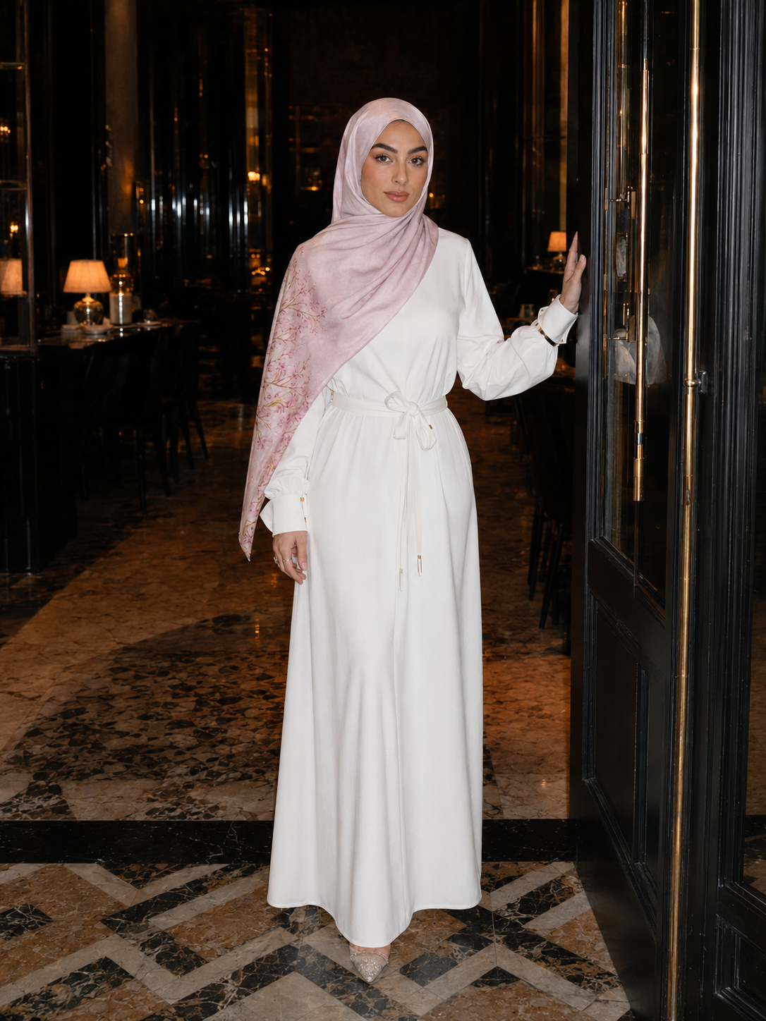 RY423 Blush Pink Floral Mercerized Cotton Jersey Hijab – Soft Stretch Scarf
