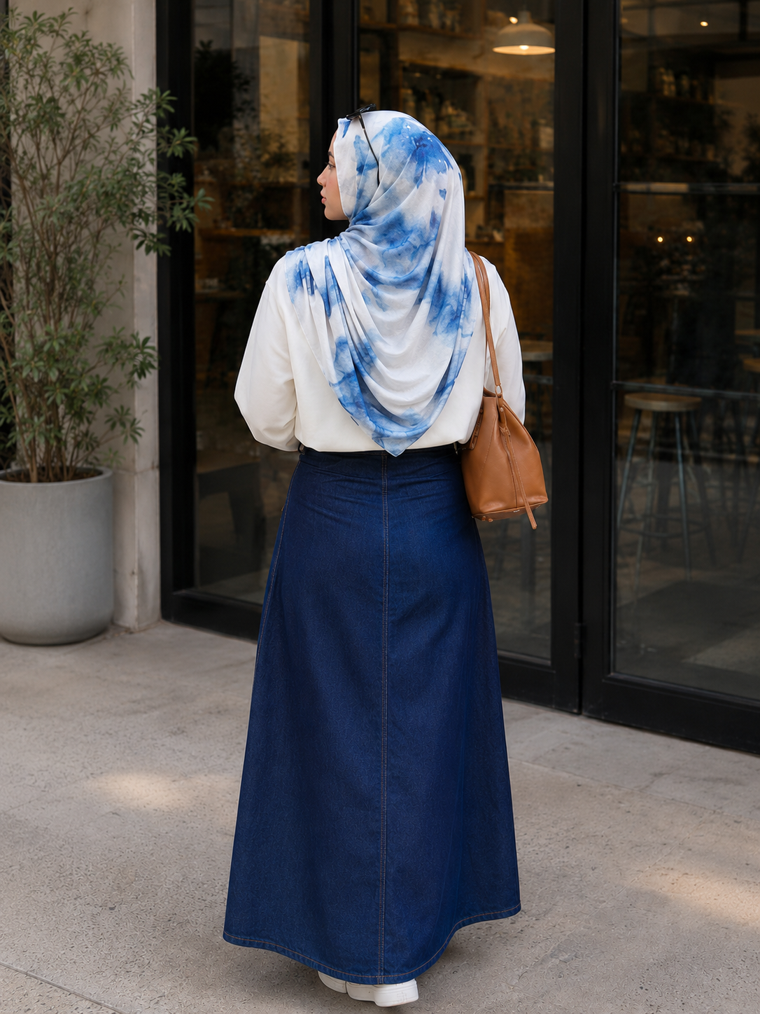 RY424 Blue Marble Mercerized Cotton Jersey Hijab – Soft Stretch Scarf