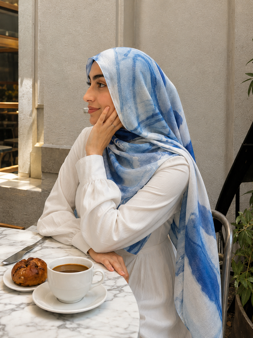 RY424 Blue Marble Mercerized Cotton Jersey Hijab – Soft Stretch Scarf