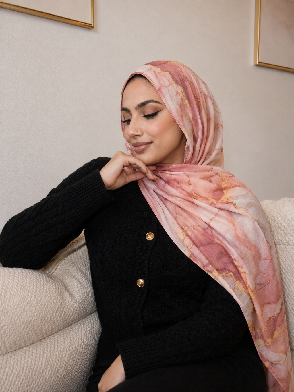 RY426 Peach Coral Marble Mercerized Cotton Jersey Hijab – Soft Stretch Scarf