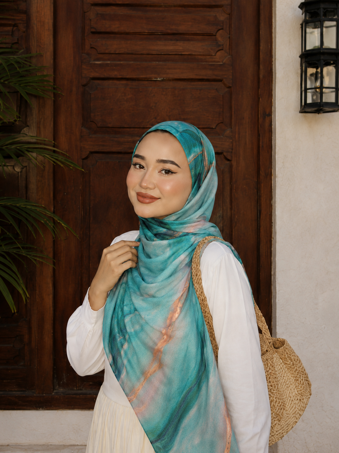 RY428 Aqua Copper Marble Mercerized Cotton Jersey Hijab – Soft Stretch Scarf