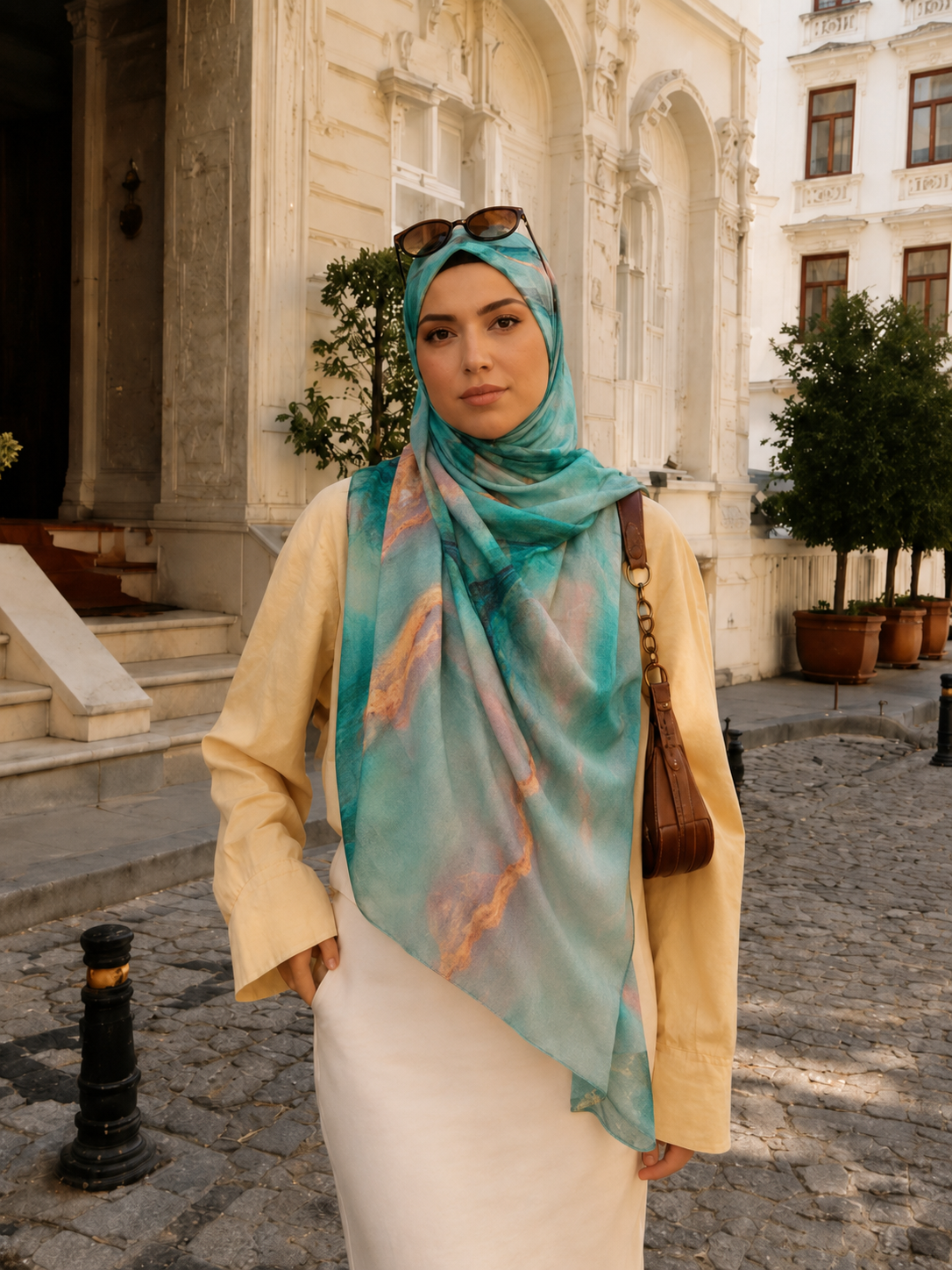 RY428 Aqua Copper Marble Mercerized Cotton Jersey Hijab – Soft Stretch Scarf