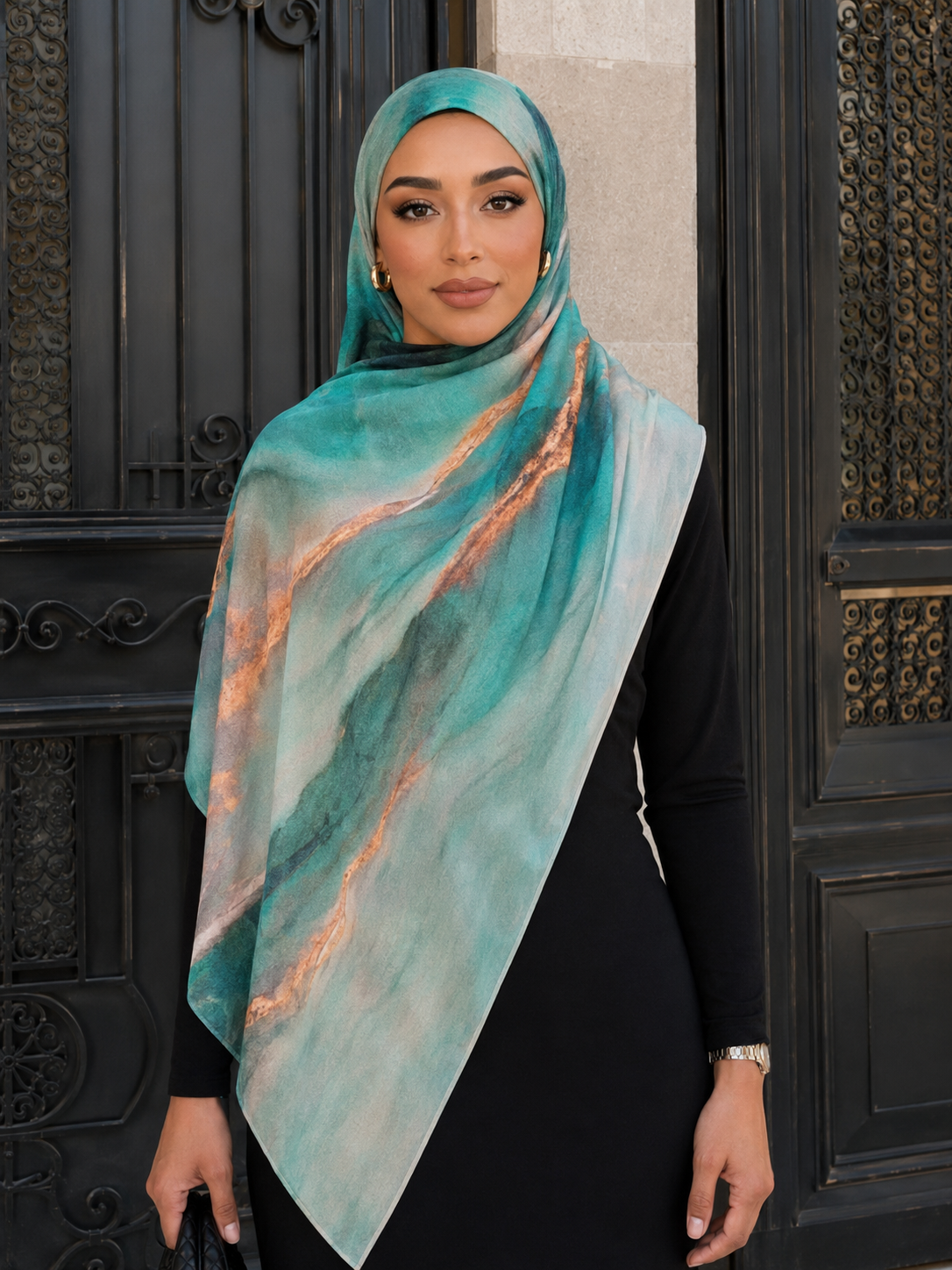 RY428 Aqua Copper Marble Mercerized Cotton Jersey Hijab – Soft Stretch Scarf