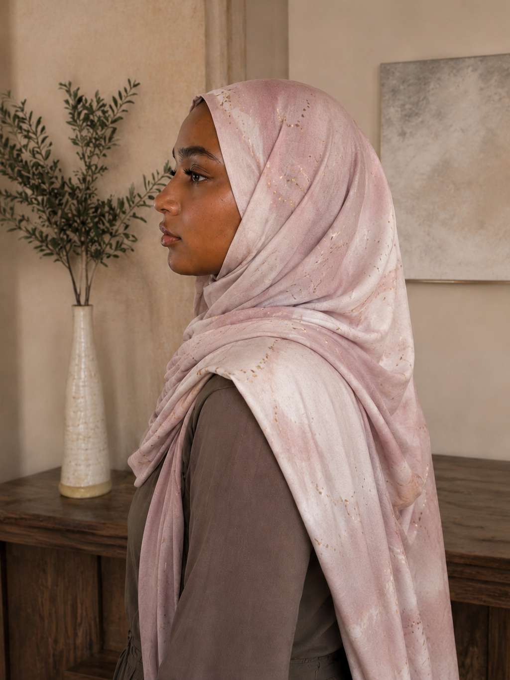 RY429 Blush Pink Gold Marble Mercerized Cotton Jersey Hijab – Soft Stretch Scarf