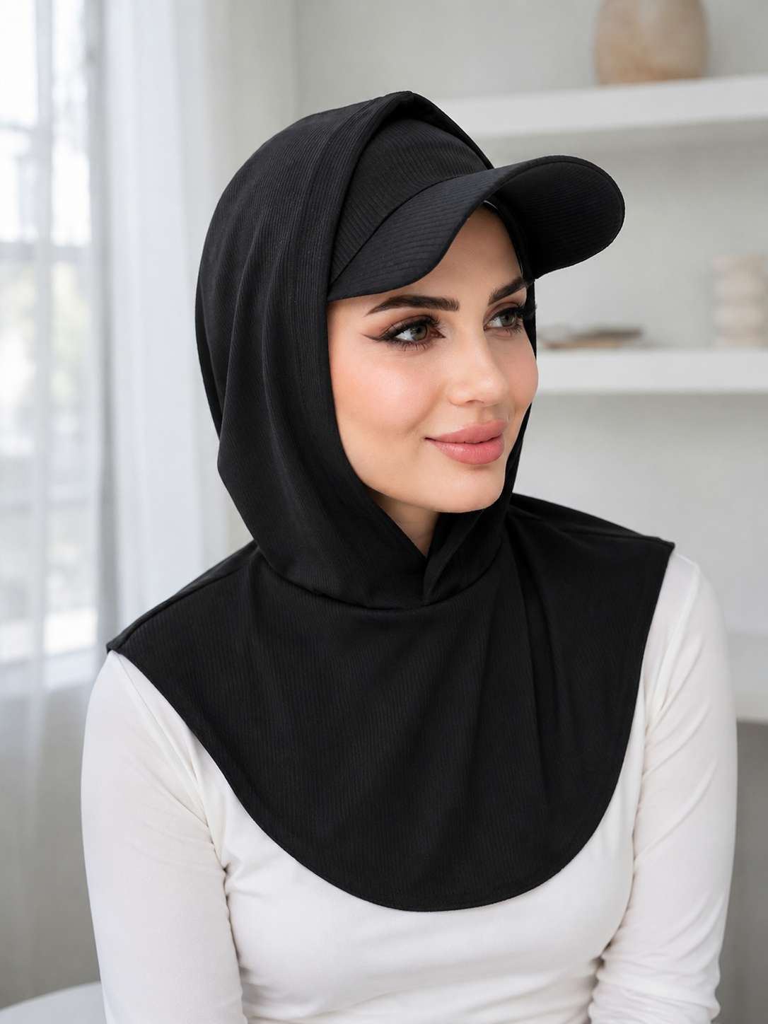 RY501 Ribbed Sun Protection Hijab Cap with Visor – Full Coverage Neck Cover