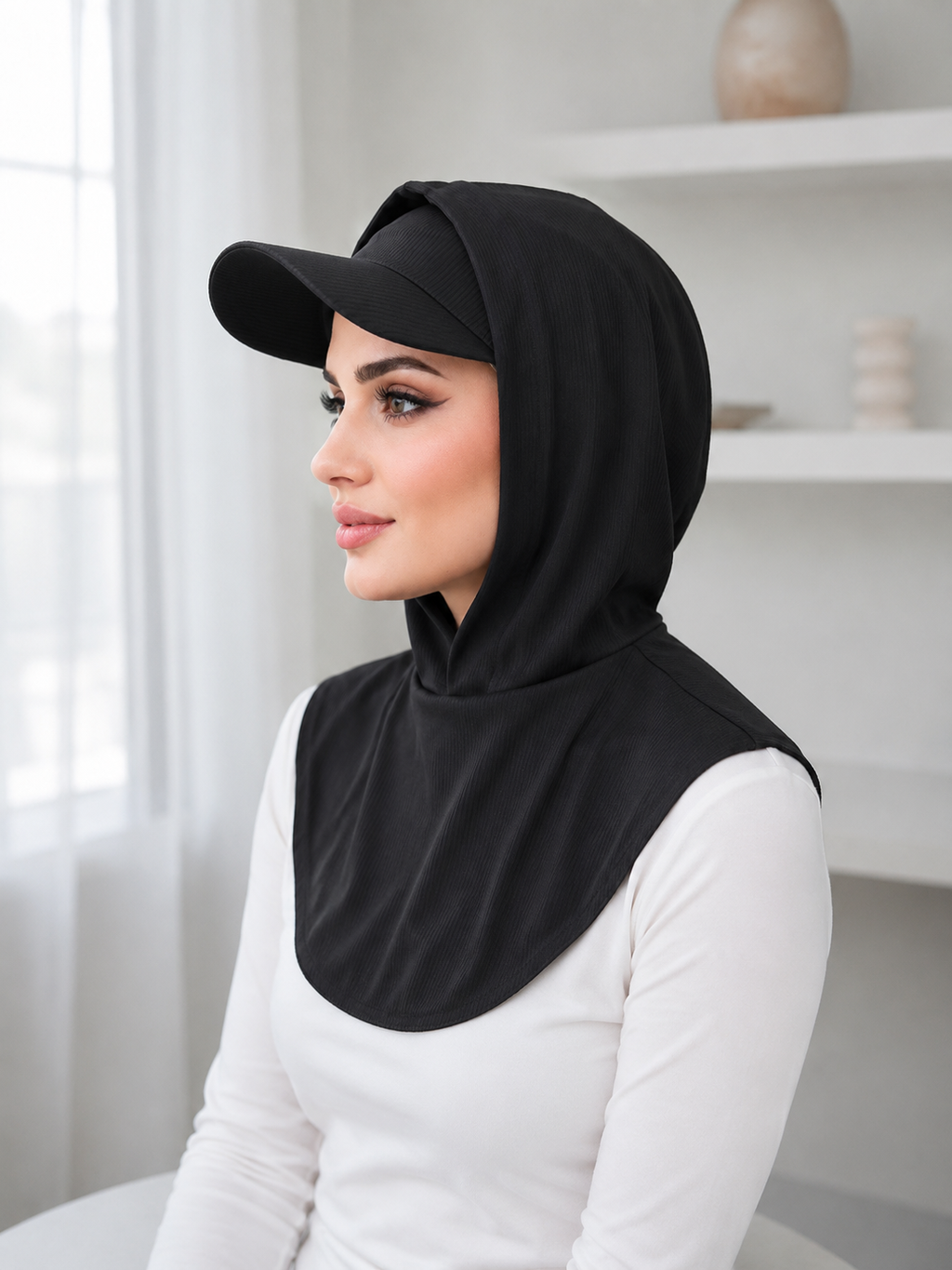 RY501 Ribbed Sun Protection Hijab Cap with Visor – Full Coverage Neck Cover