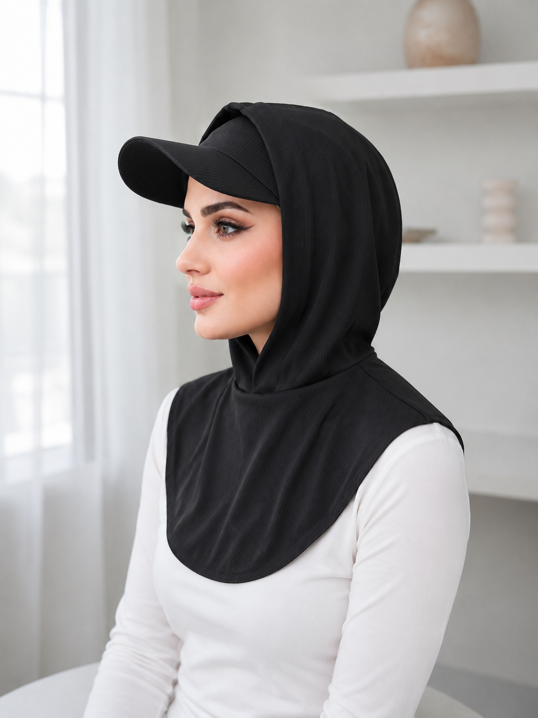 RY501 Ribbed Sun Protection Hijab Cap with Visor – Full Coverage Neck Cover