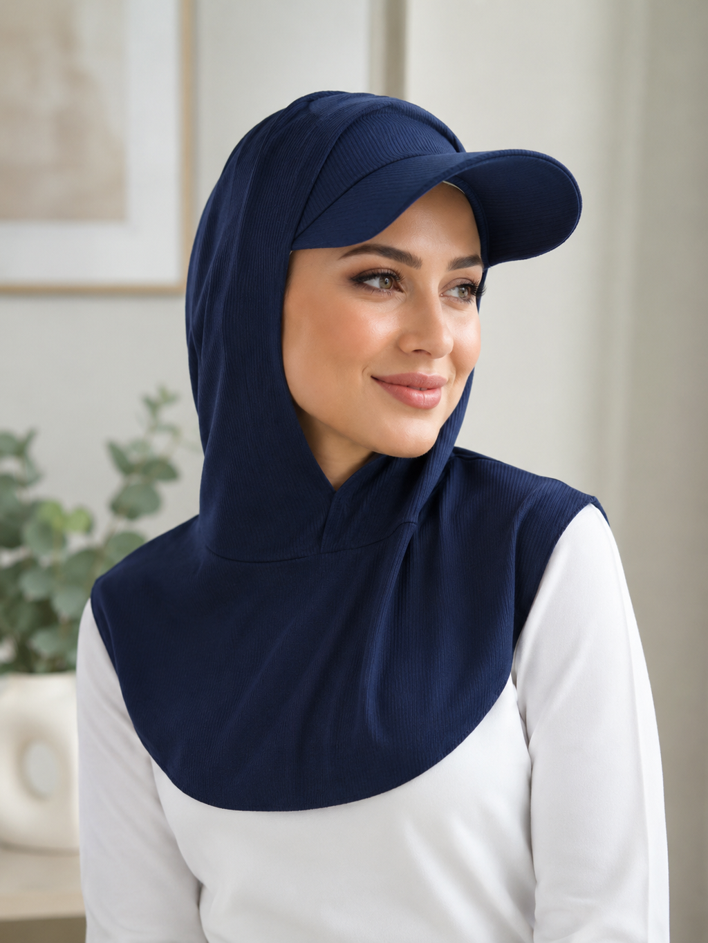 RY502 Navy Blue Ribbed Sun Protection Hijab Cap with Visor – Full Neck Cover