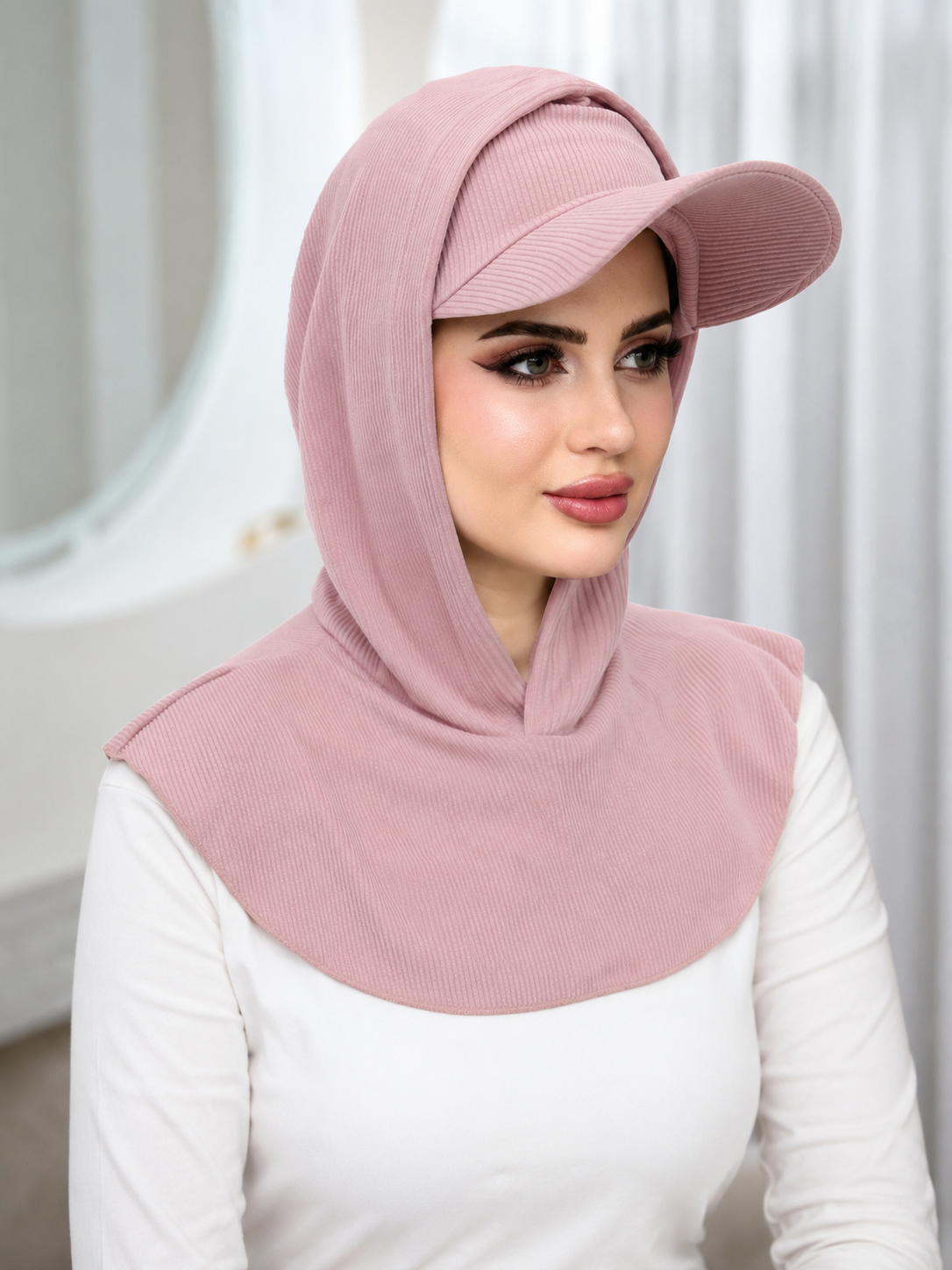 RY503 Blush Pink Ribbed Sun Protection Hijab Cap with Visor – Full Neck Cover