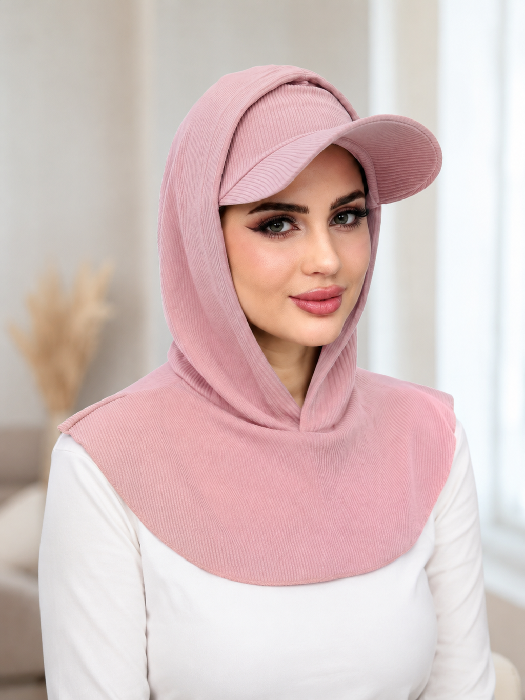 RY503 Blush Pink Ribbed Sun Protection Hijab Cap with Visor – Full Neck Cover