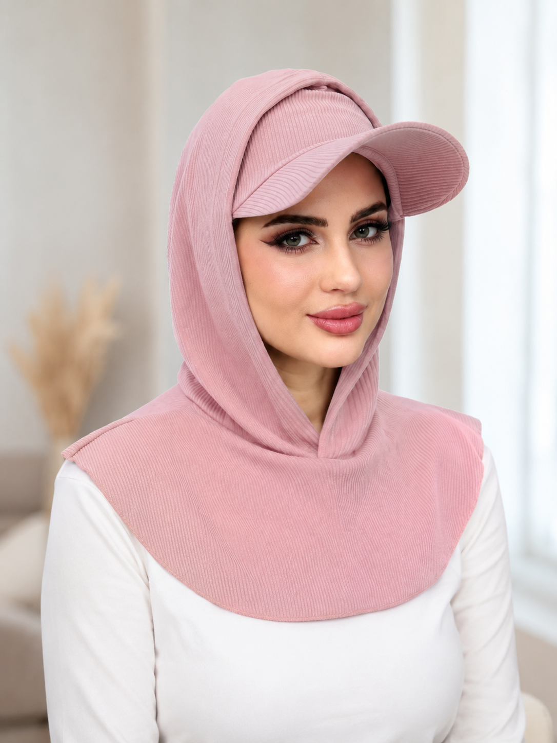 RY503 Blush Pink Ribbed Sun Protection Hijab Cap with Visor – Full Neck Cover