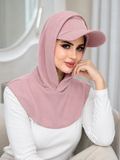 RY503 Blush Pink Ribbed Sun Protection Hijab Cap with Visor – Full Neck Cover