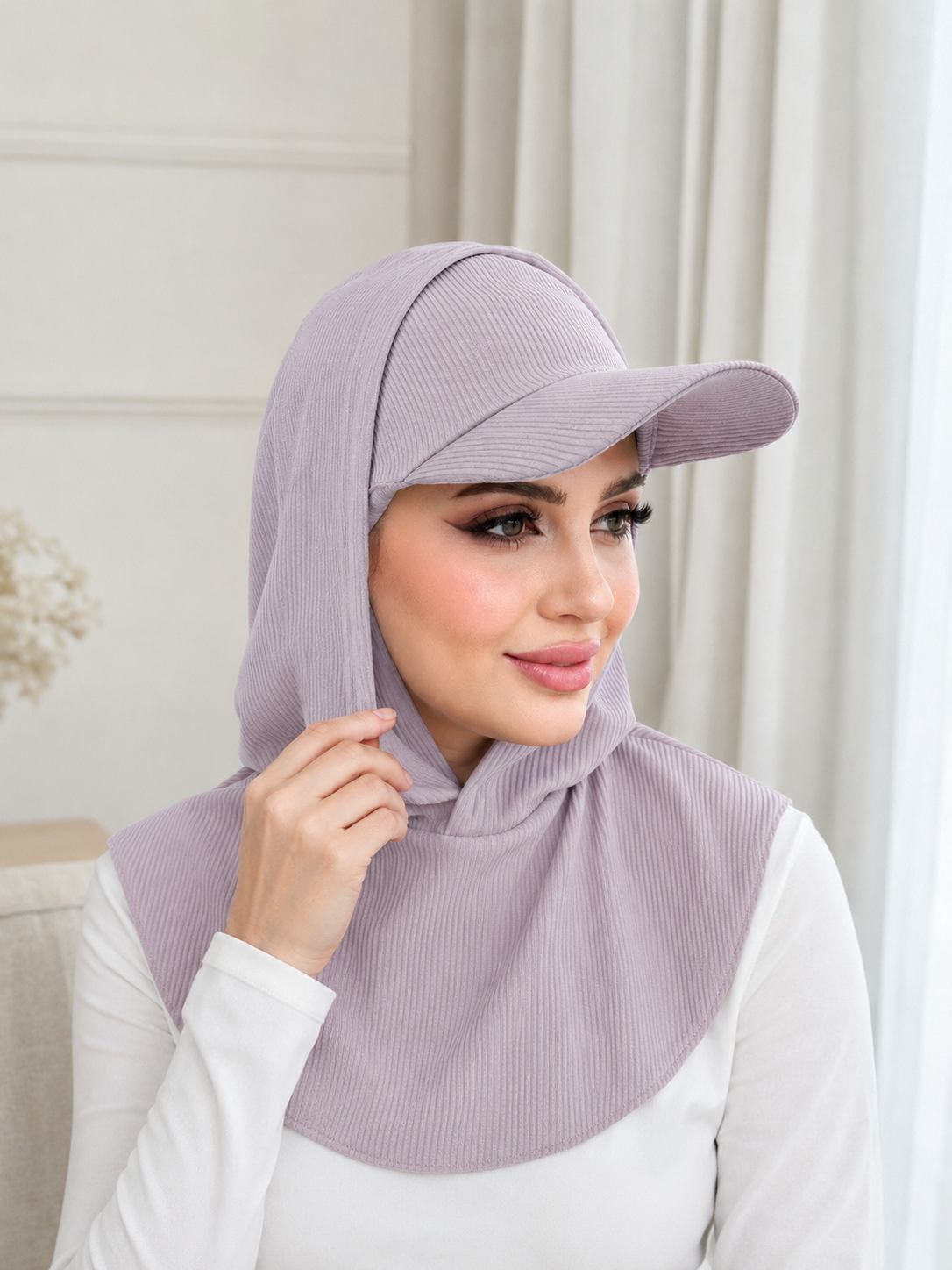RY504 Light Taupe Ribbed Sun Protection Hijab Cap with Visor – Full Neck Cover