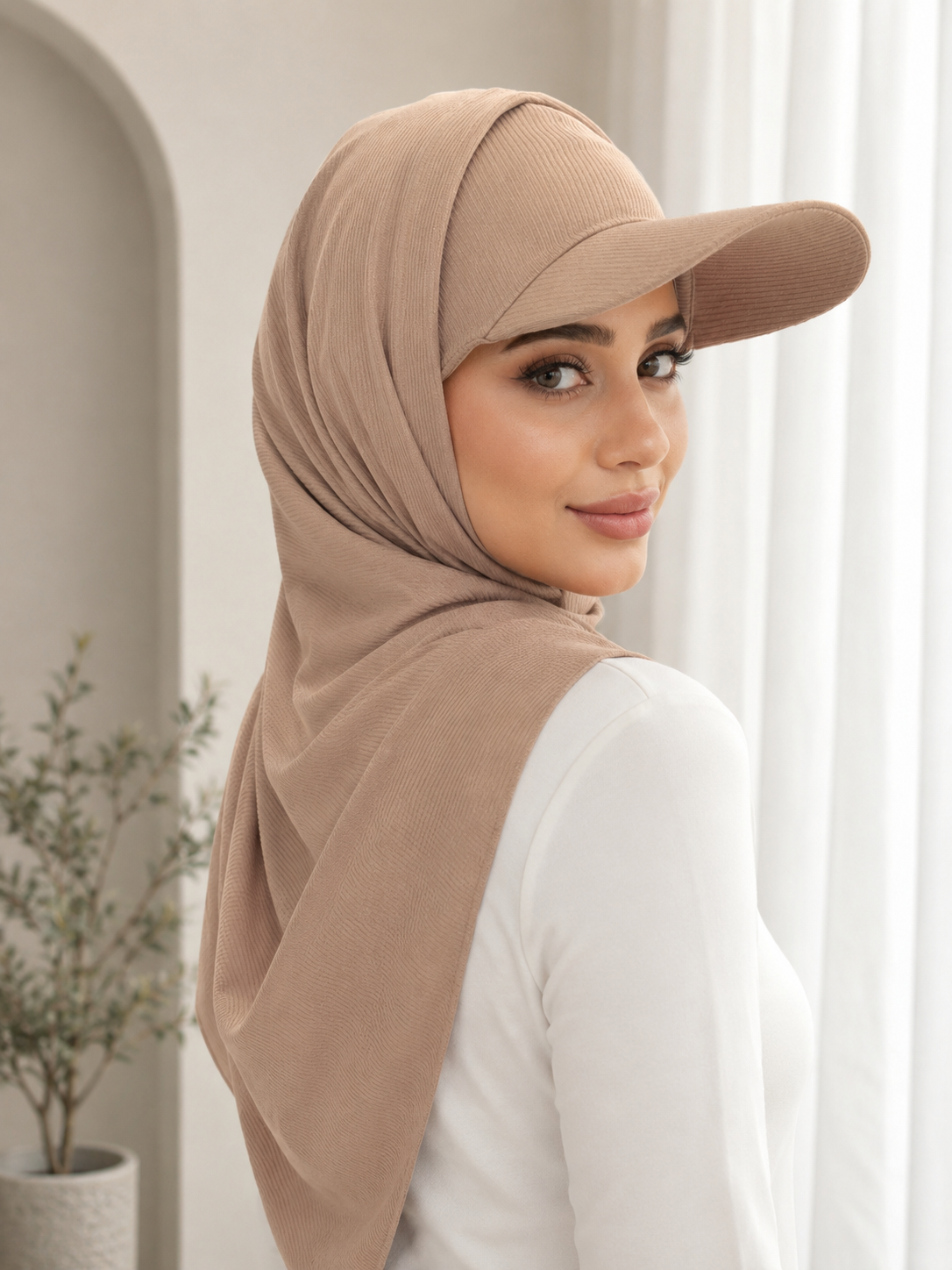 RY505 Camel Beige Ribbed Sun Protection Hijab Cap with Visor – Full Neck Cover