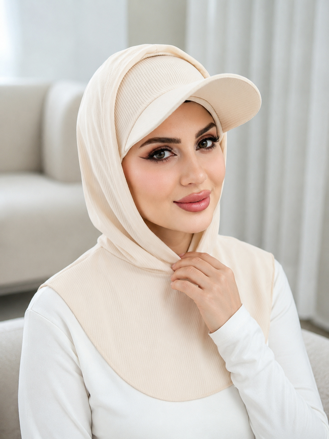 RY506 Cream Ribbed Sun Protection Hijab Cap with Visor – Full Neck Cover