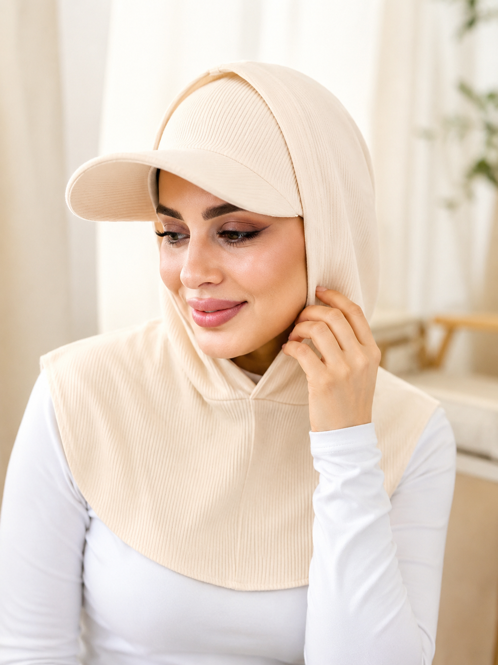 RY506 Cream Ribbed Sun Protection Hijab Cap with Visor – Full Neck Cover