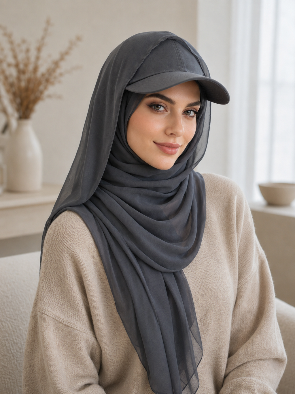RY601 Charcoal Chiffon Hijab Baseball Cap – Sun Protection Scarf Hat