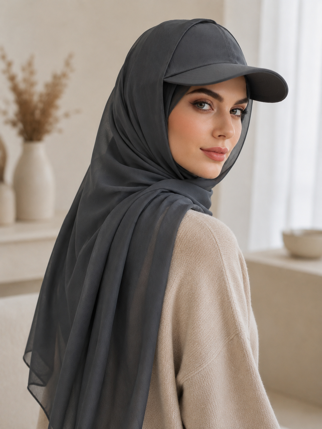 RY601 Charcoal Chiffon Hijab Baseball Cap – Sun Protection Scarf Hat