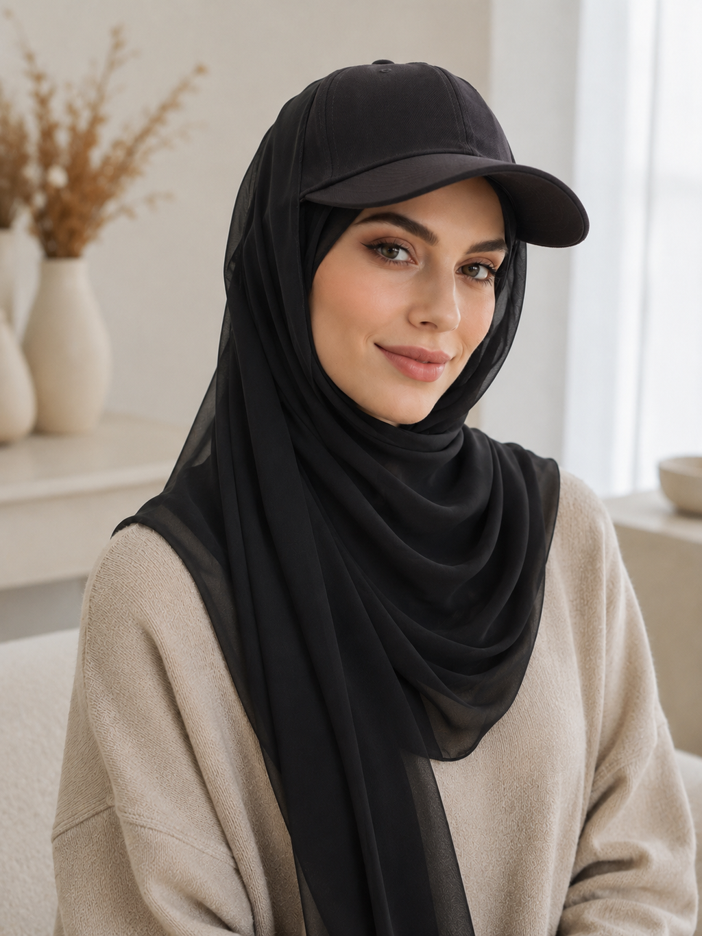 RY602 Coffee Brown Chiffon Hijab Baseball Cap – Lightweight Visor Scarf