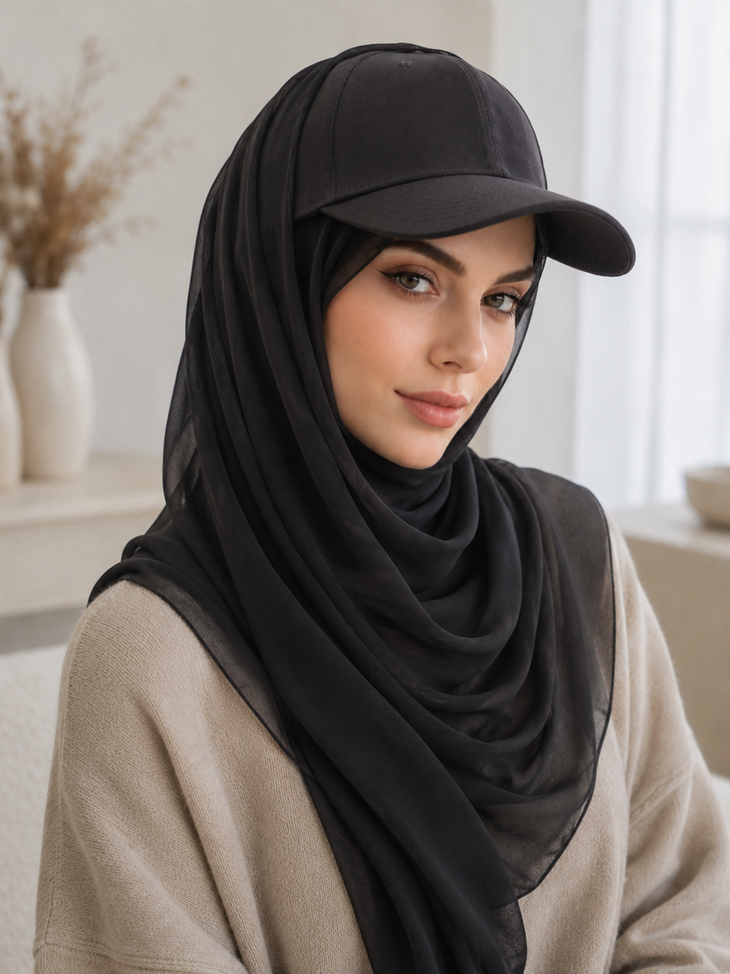RY602 Coffee Brown Chiffon Hijab Baseball Cap – Lightweight Visor Scarf