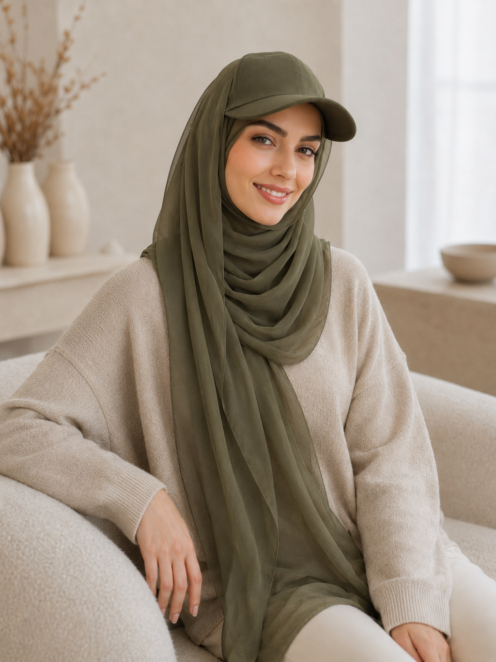 RY603 Olive Green Chiffon Hijab Baseball Cap – Lightweight Visor Scarf