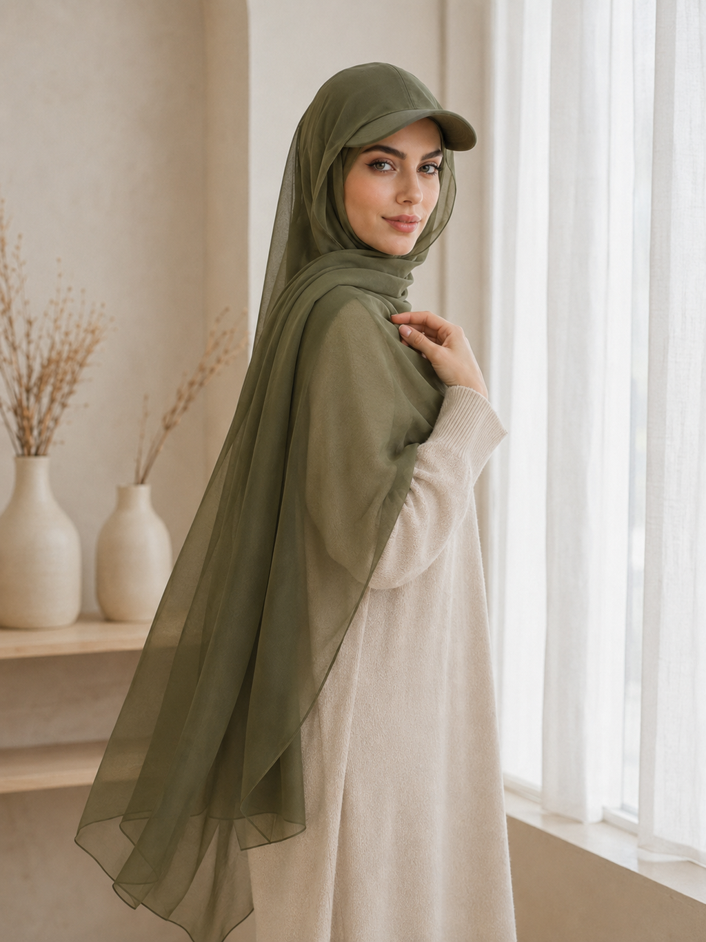 RY603 Olive Green Chiffon Hijab Baseball Cap – Lightweight Visor Scarf