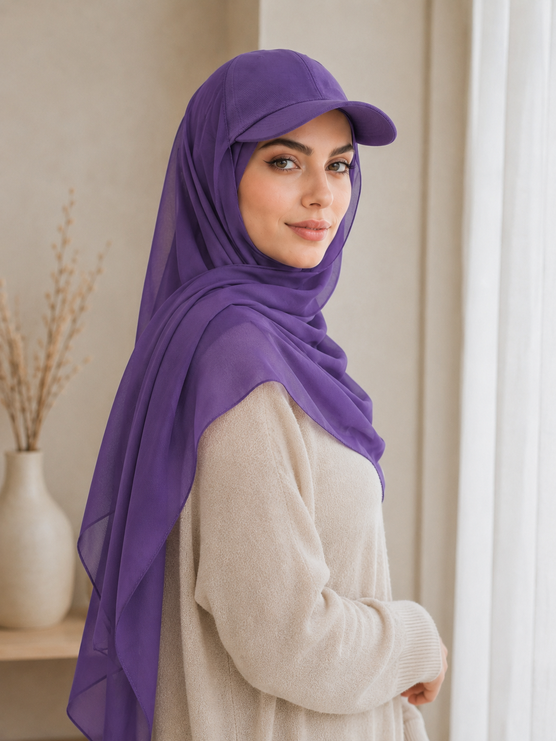 RY604 Deep Purple Chiffon Hijab Baseball Cap – Lightweight Visor Scarf Hat for Women