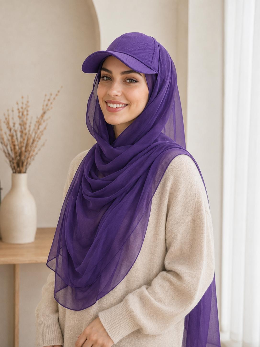 RY604 Deep Purple Chiffon Hijab Baseball Cap – Lightweight Visor Scarf Hat for Women