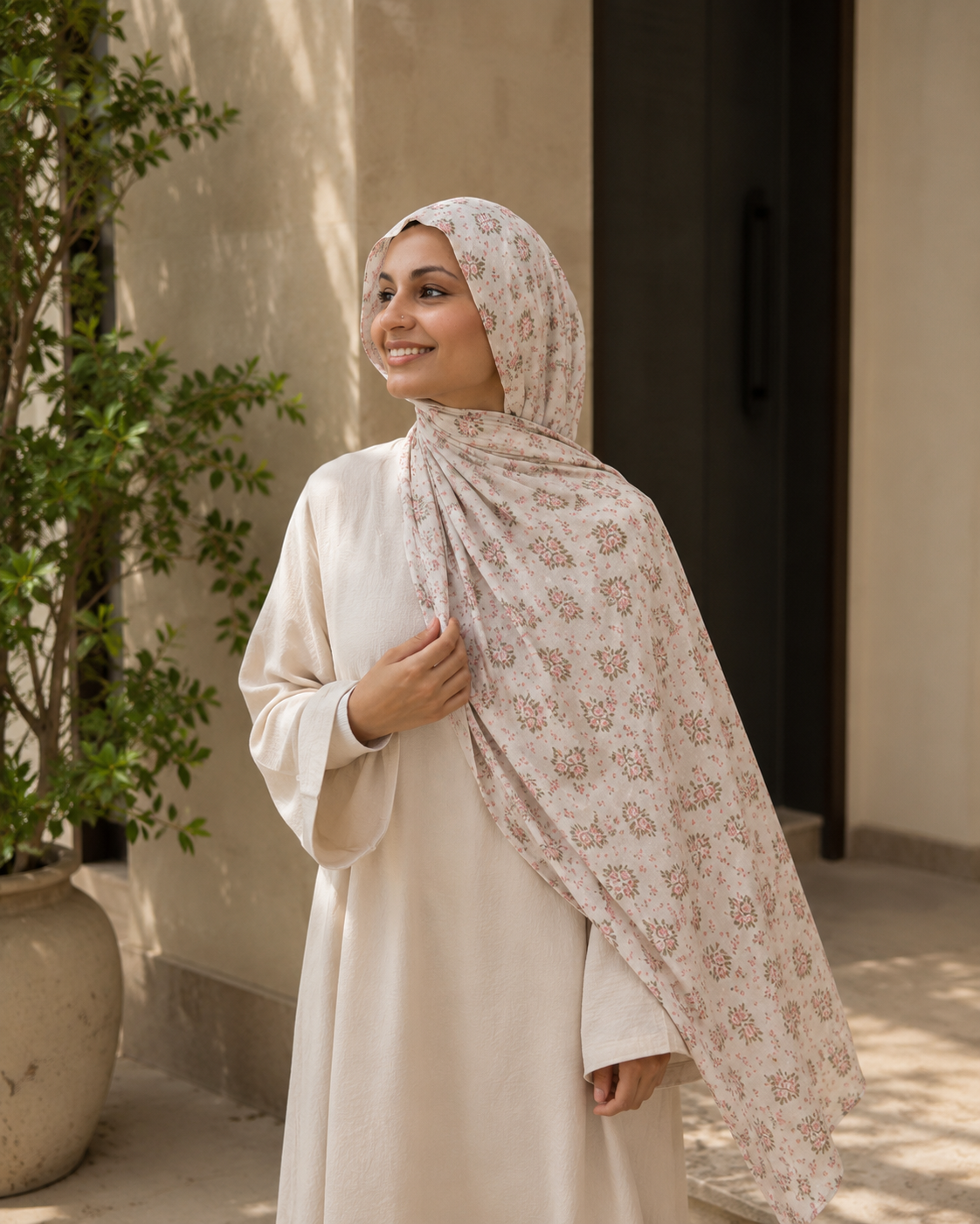 RY401 Ivory Rose Floral Printed Cotton Hijab – Soft Lightweight Scarf
